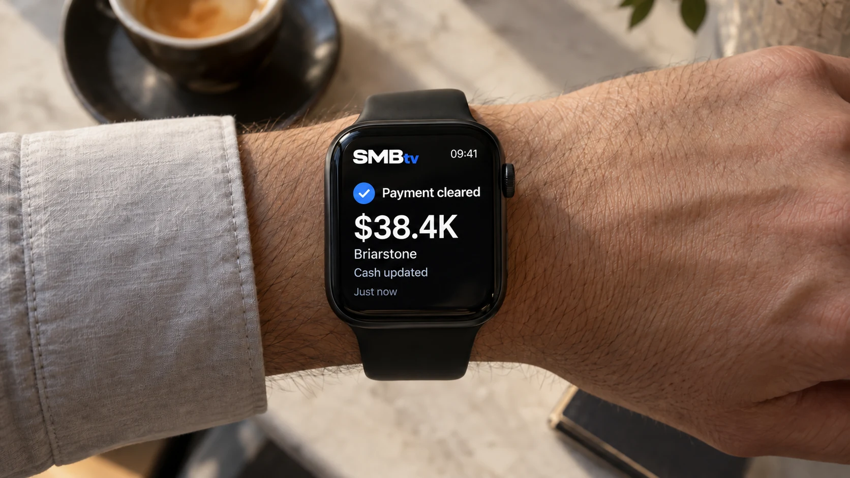 SMBtv notification showing that a $38.4K Briarstone payment cleared, fitted beneath the glass of an Apple Watch at a cafe table