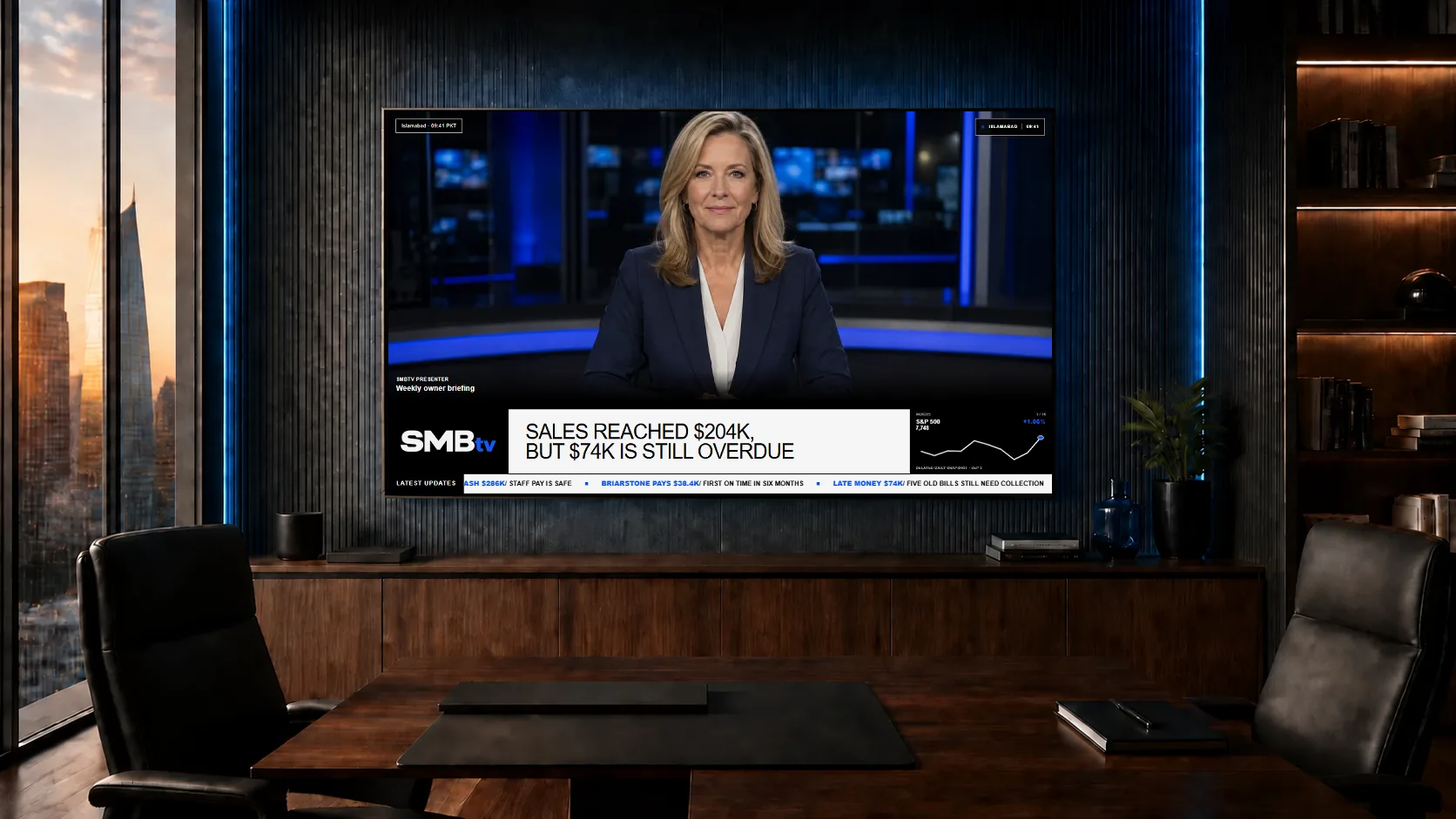 SMBtv owner briefing running natively on a large television in a private office
