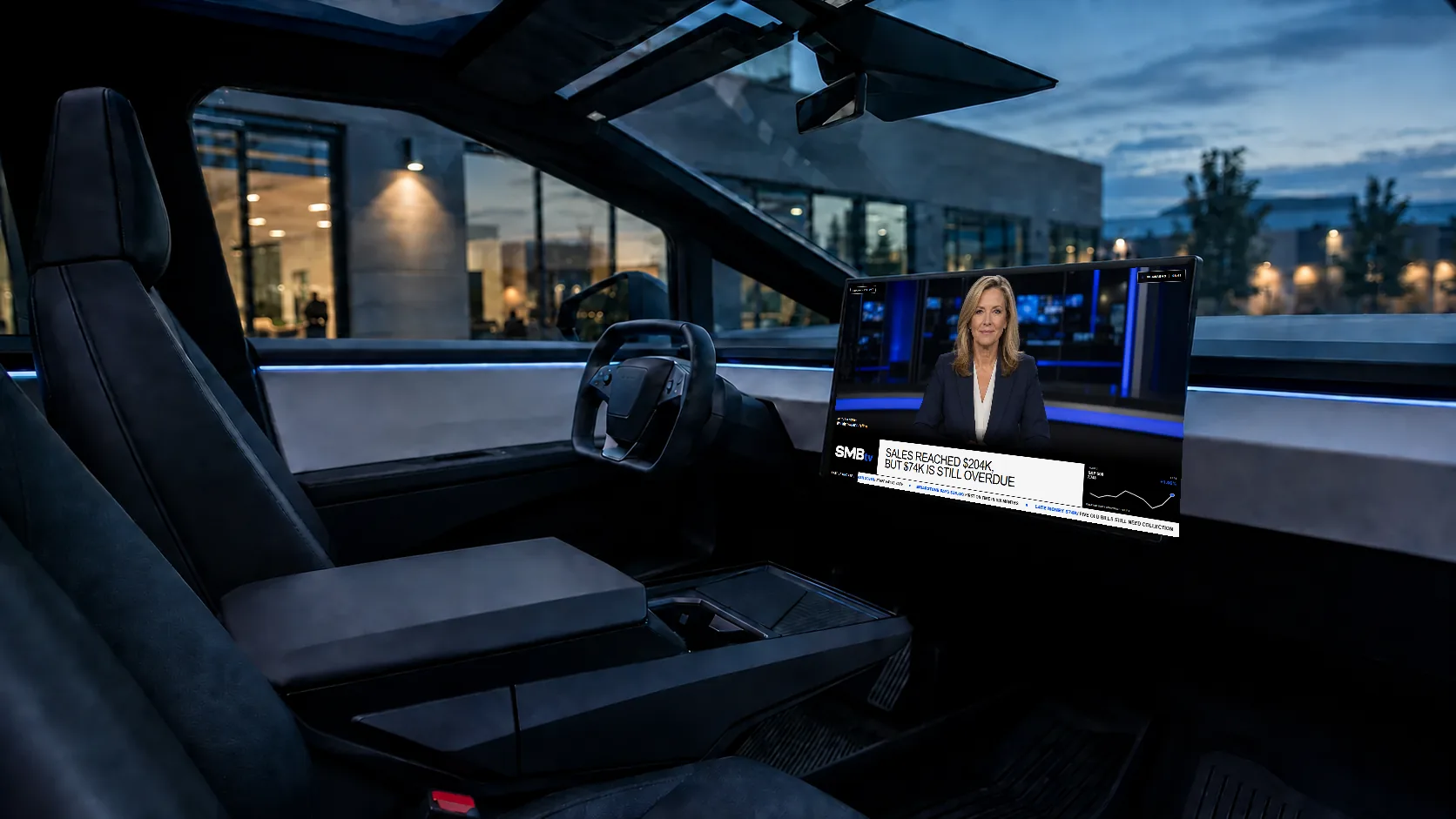 SMBtv owner briefing running natively on a Tesla center screen