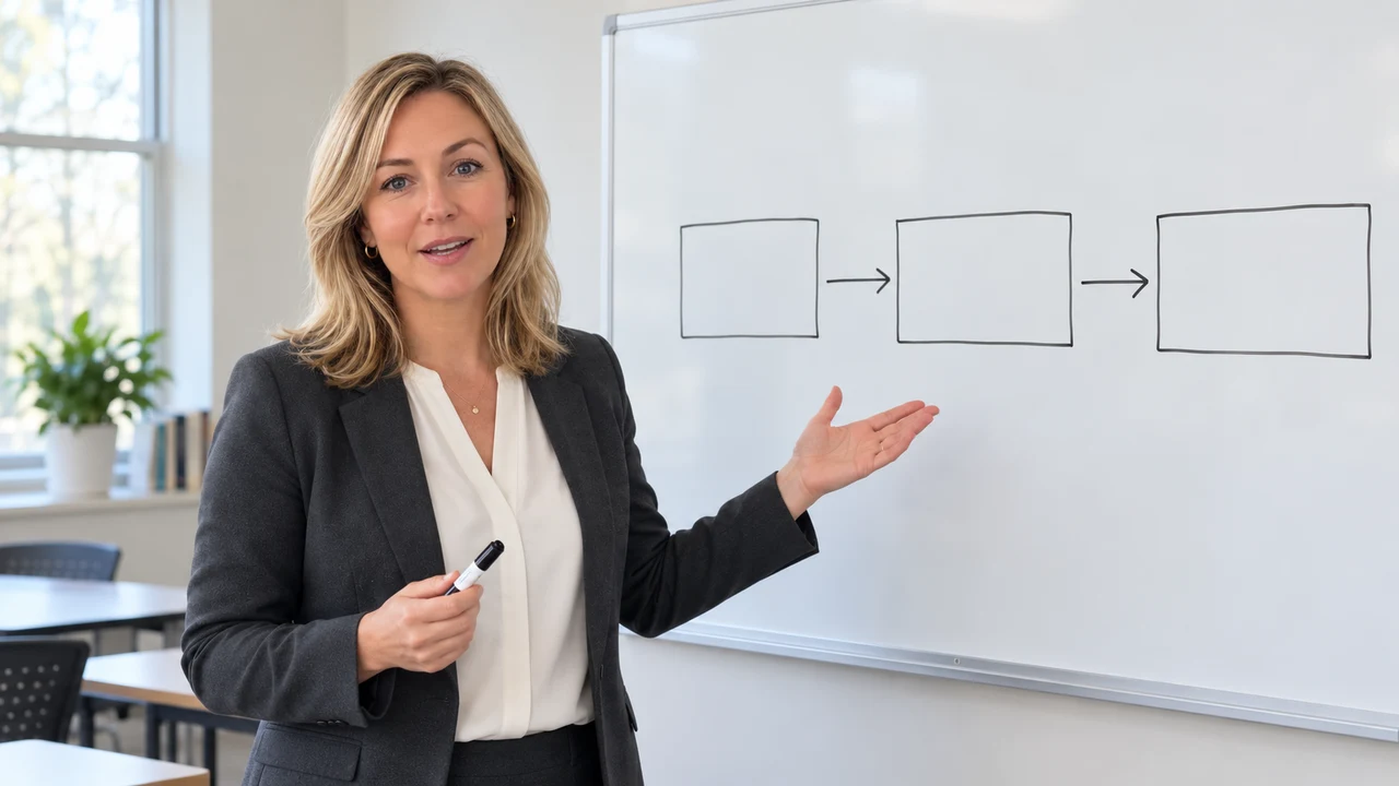 Elena explaining a business concept at a whiteboard