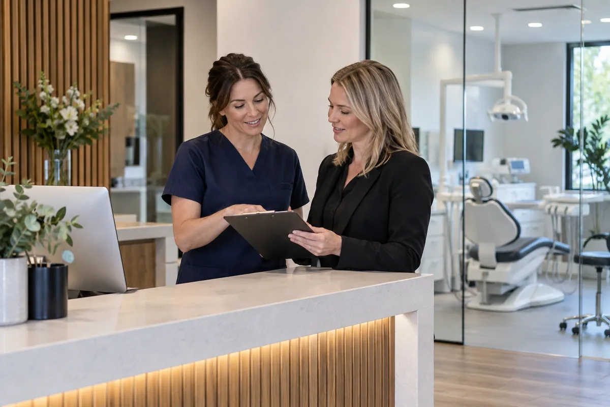 Practice owner and manager reviewing the day at an independent dental clinic