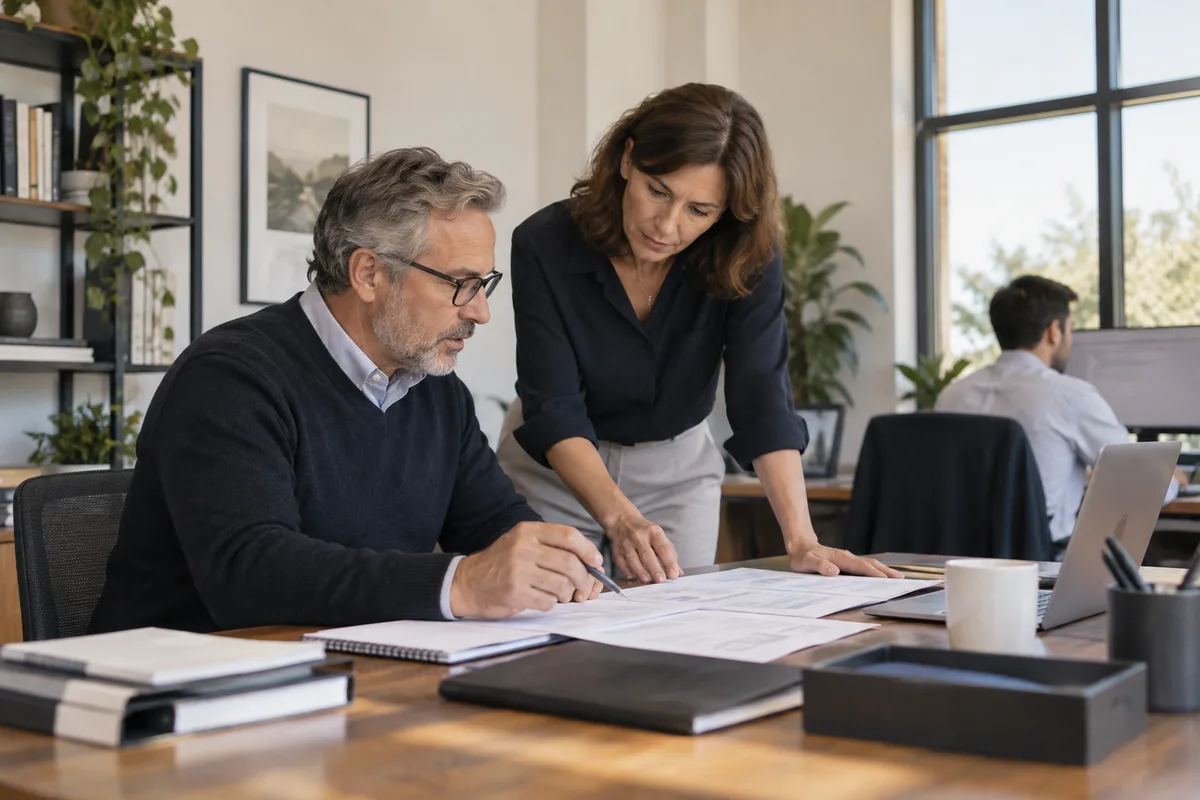 Two accountants reviewing work together in an independent professional services office
