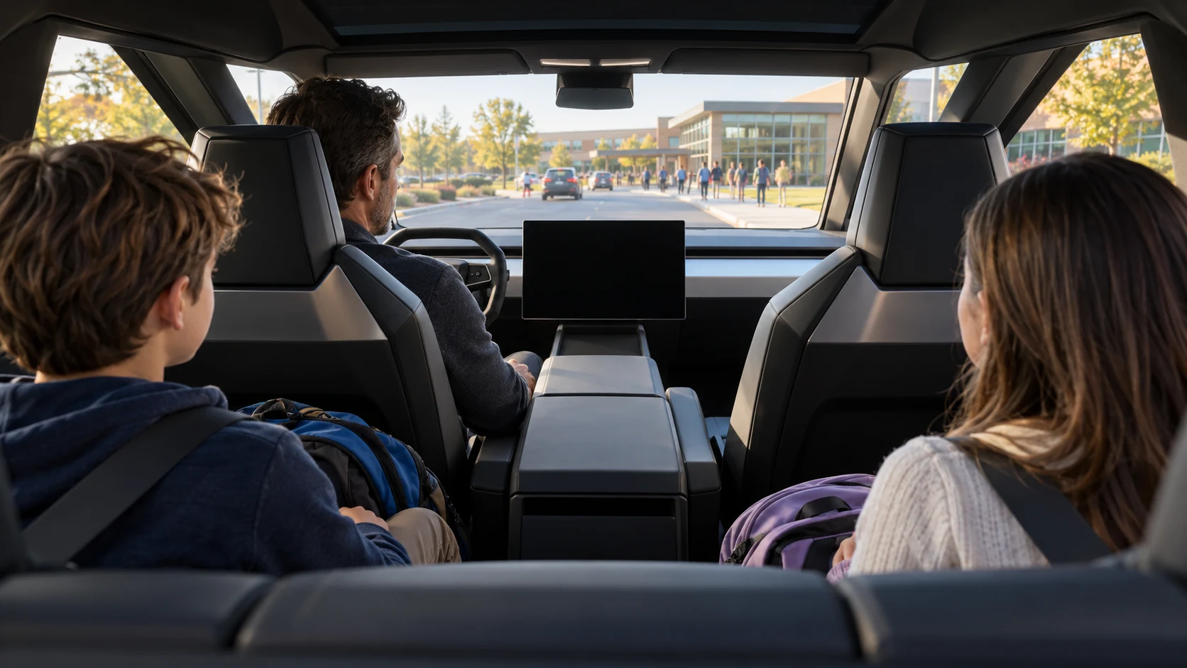 Future autonomous school-run concept viewed from behind the rear seat: two children with backpacks, their father and the canonical SMBtv broadcast on the Cybertruck display