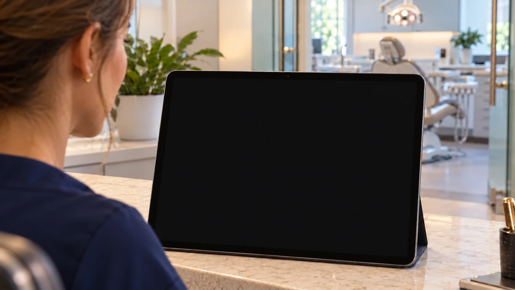 A dental-practice owner watches an iPad briefing showing $204K collections against a $192K plan, followed by an Apprenticeship explanation