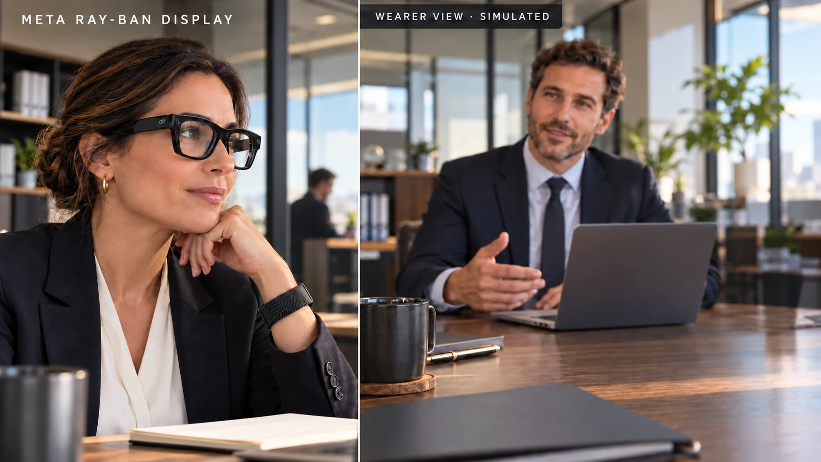 An accounting-firm partner wearing reference-matched Meta Ray-Ban Display frames, beside a simulated private right-lens view of a payment briefing